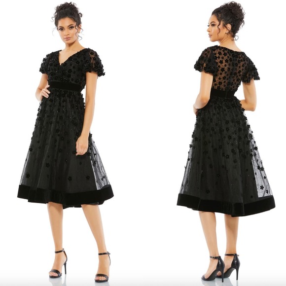 Mac Duggal Embellished Butterfly Sleeve Velvet Hem Midi Dress 67854 Black 6 New - Picture 1 of 16